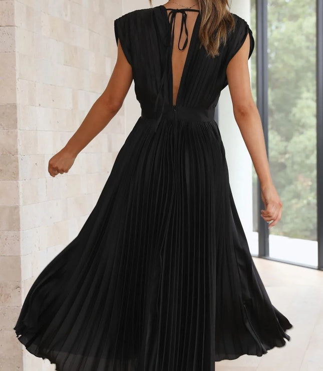 Sage green pleated sleeveless v-neck midi dress high waisted fit