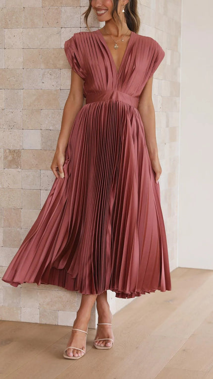 Front facing mauve high waisted midi dress with deep v-neck and pleated bodice