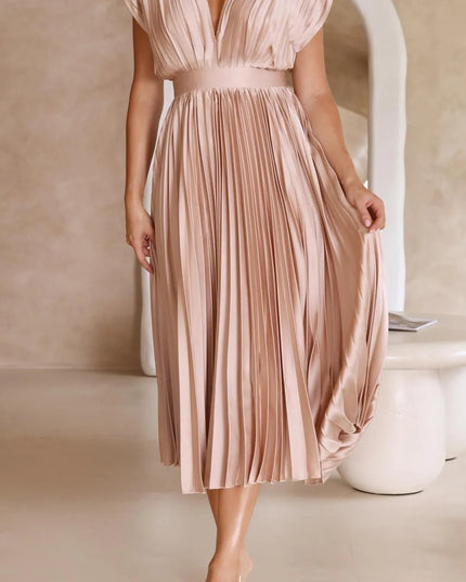 Blush pink pleated high waisted v-neck sleeveless midi dress with empire waist