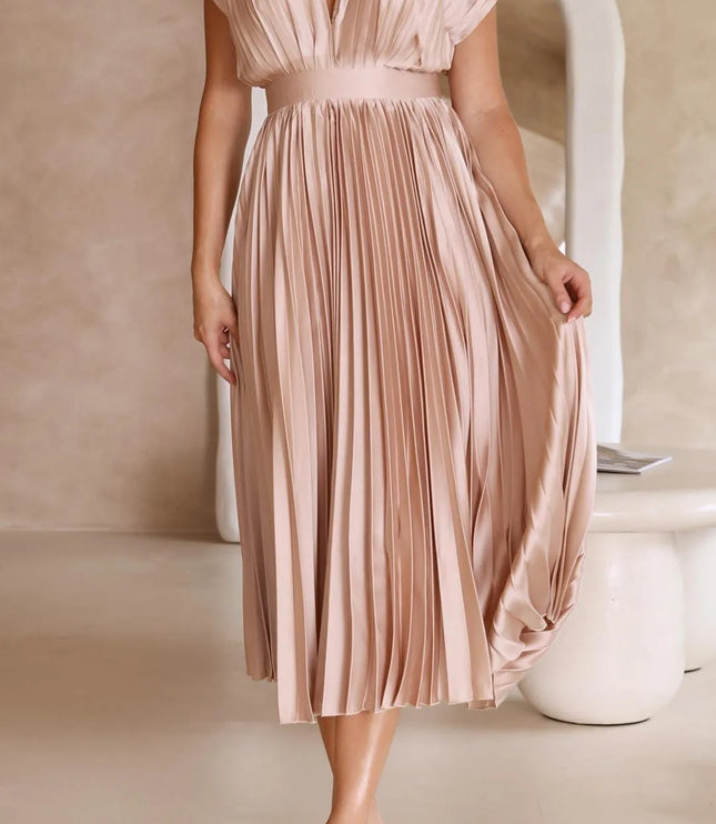 Blush pink pleated high waisted v-neck sleeveless midi dress with empire waist