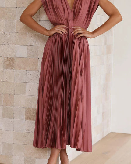 Mauve pleated high waisted v-neck sleeveless midi dress with cinched waist