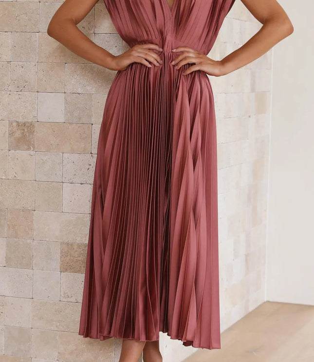 Mauve pleated high waisted v-neck sleeveless midi dress with cinched waist