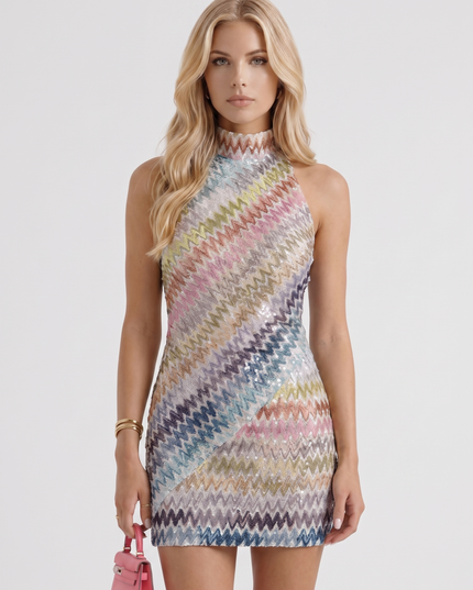 Women's Sleeveless Zigzag Mini Dress with a High Neckline