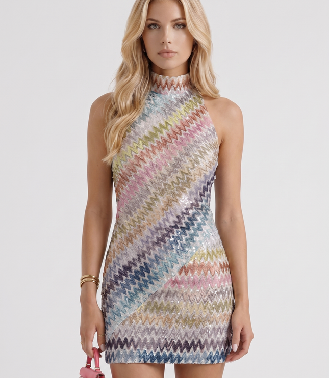 Women's Sleeveless Zigzag Mini Dress with a High Neckline
