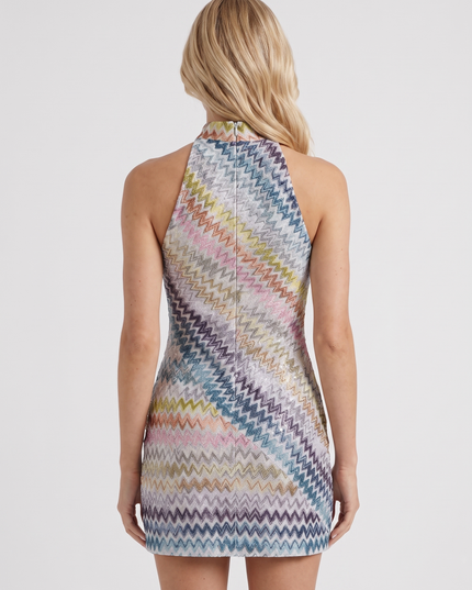 Women's Sleeveless Zigzag Mini Dress with a High Neckline