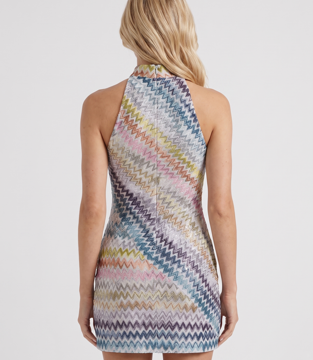 Women's Sleeveless Zigzag Mini Dress with a High Neckline