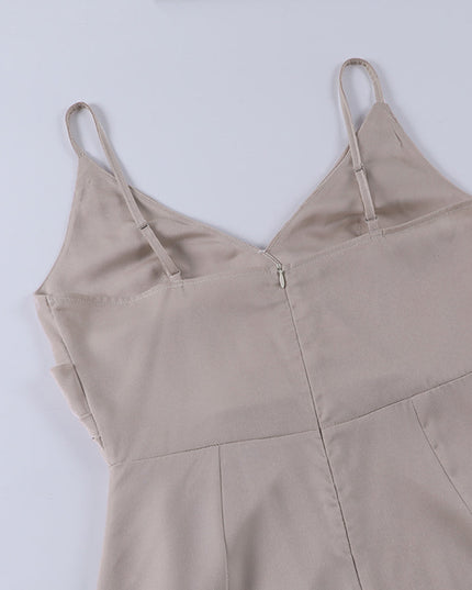 Women's Slit Maxi Dress with Draped V Neck and Thin Straps