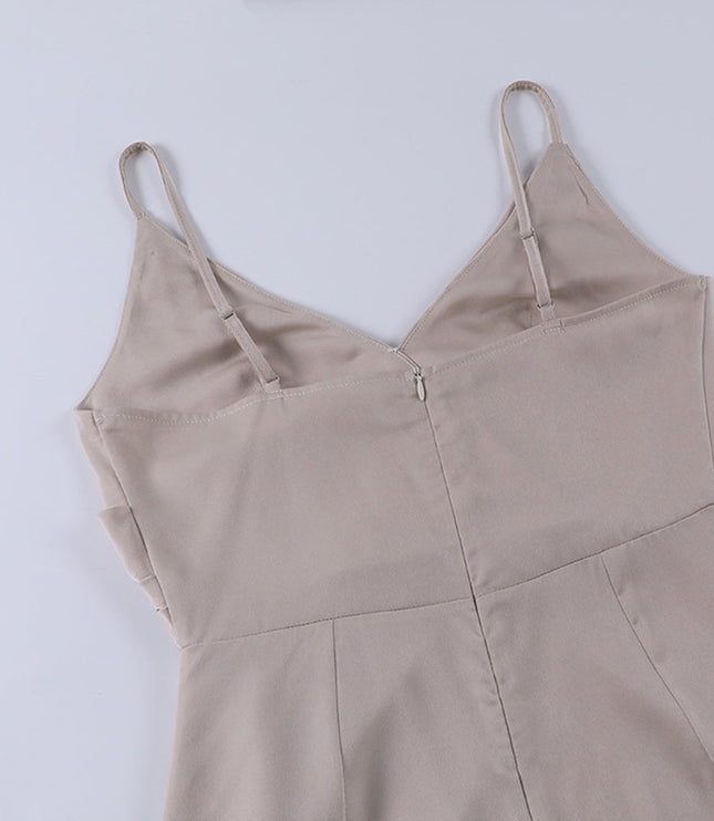 Women's Slit Maxi Dress with Draped V Neck and Thin Straps