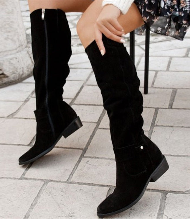 Women's Slouchy Suede-Look Knee-High Boots with Buckle Strap