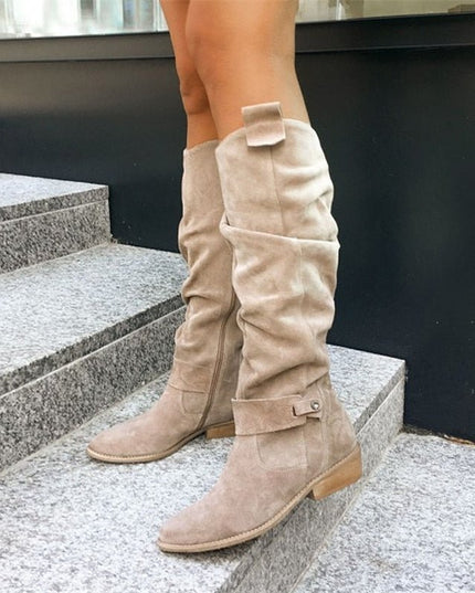 Women's Slouchy Suede-Look Knee-High Boots with Buckle Strap