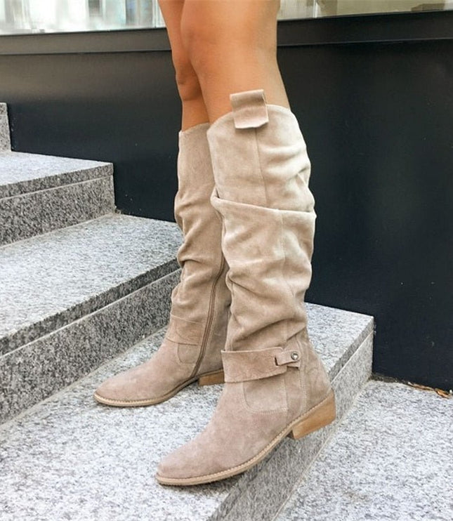 Women's Slouchy Suede-Look Knee-High Boots with Buckle Strap