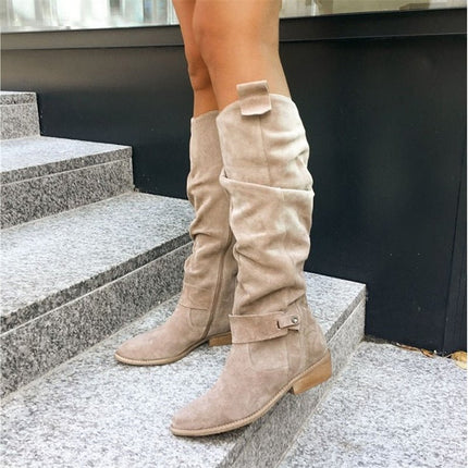 Women's Slouchy Suede-Look Knee-High Boots with Buckle Strap