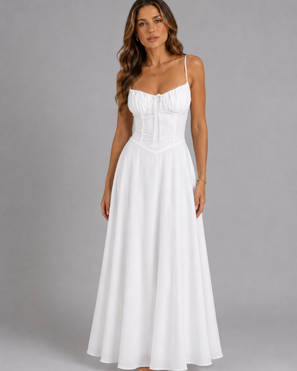 Women's Smocked Bodice Strappy Maxi Dress with Tie Front
