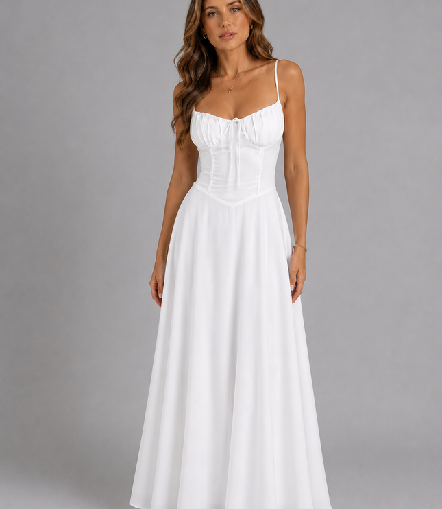 Women's Smocked Bodice Strappy Maxi Dress with Tie Front