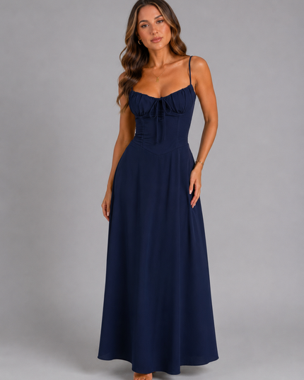 Women's Smocked Bodice Strappy Maxi Dress with Tie Front