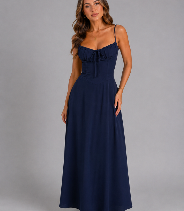 Women's Smocked Bodice Strappy Maxi Dress with Tie Front