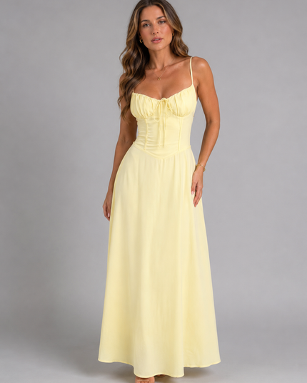 Women's Smocked Bodice Strappy Maxi Dress with Tie Front