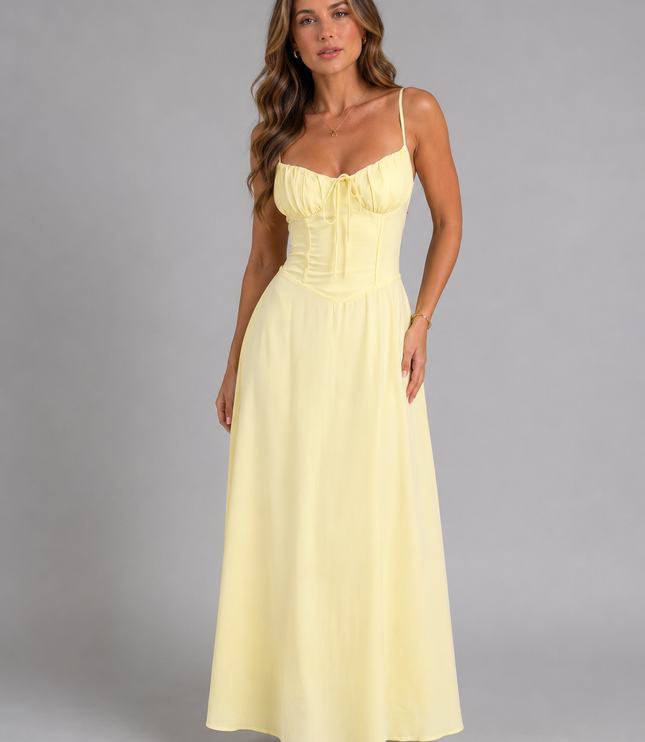 Women's Smocked Bodice Strappy Maxi Dress with Tie Front