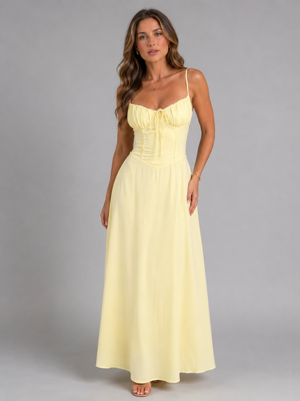 Women's Smocked Bodice Strappy Maxi Dress with Tie Front