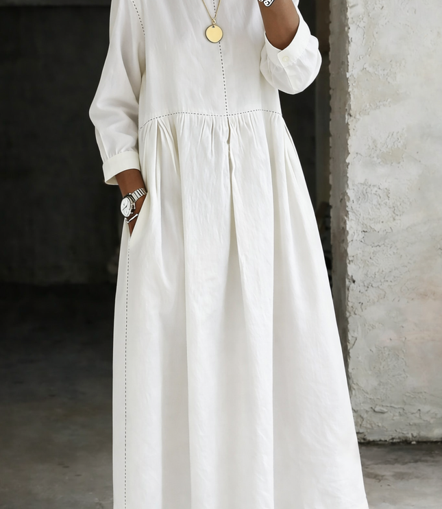 Women's Smocked Round Neck Long Sleeve Maxi Dress