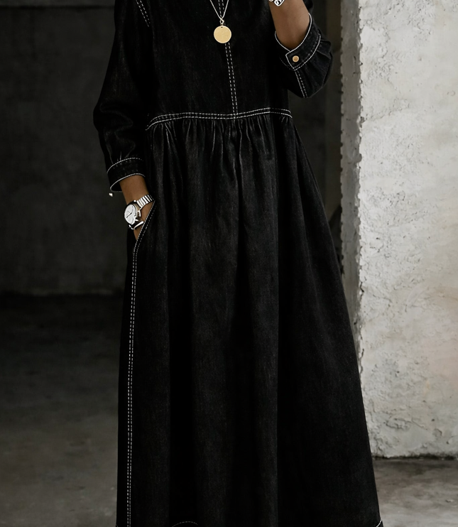 Women's Smocked Round Neck Long Sleeve Maxi Dress