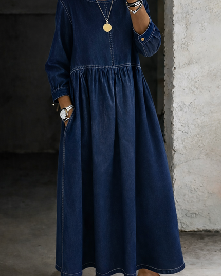 Women's Smocked Round Neck Long Sleeve Maxi Dress