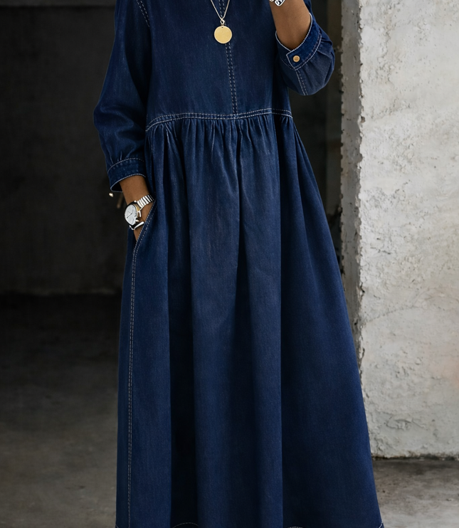 Women's Smocked Round Neck Long Sleeve Maxi Dress