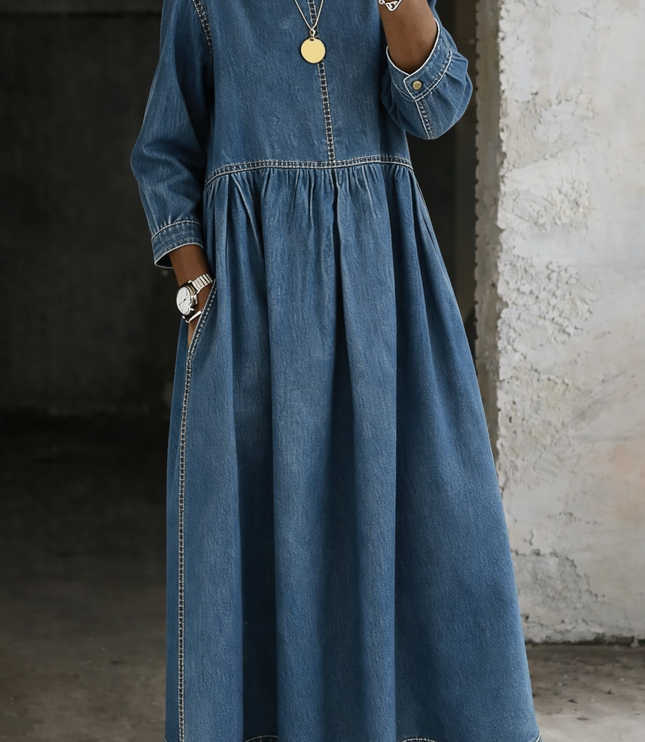 Women's Smocked Round Neck Long Sleeve Maxi Dress