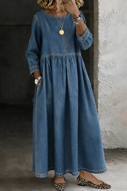 Women's Smocked Round Neck Long Sleeve Maxi Dress