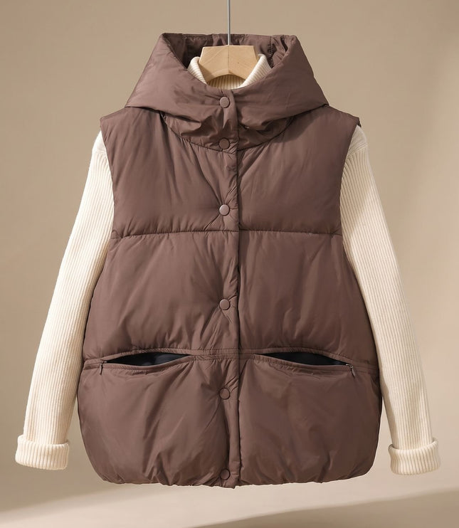 Women's Snap-Front Hooded Padded Winter Puffer Vest