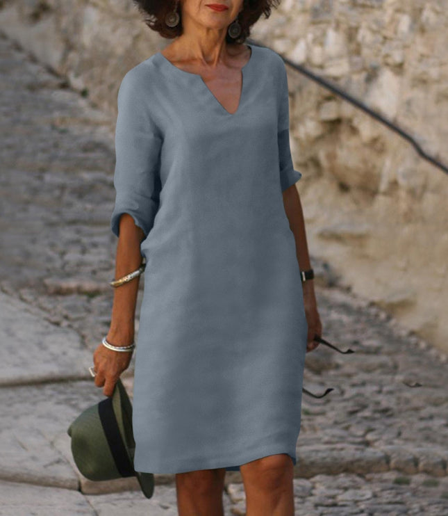 Women's Split V-Neck Linen-Look Shift Dress with Turn-Up Cuffs