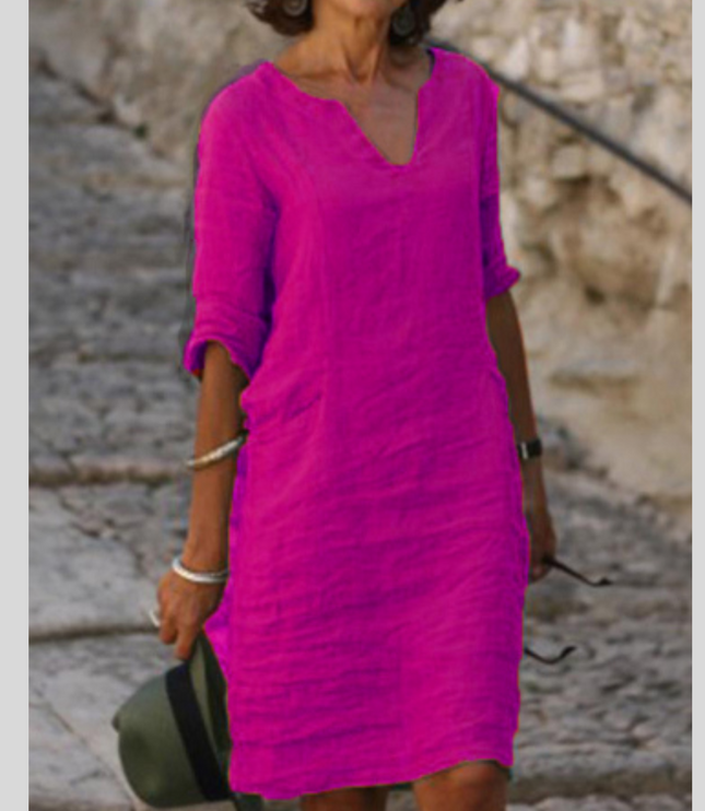 Women's Split V-Neck Linen-Look Shift Dress with Turn-Up Cuffs