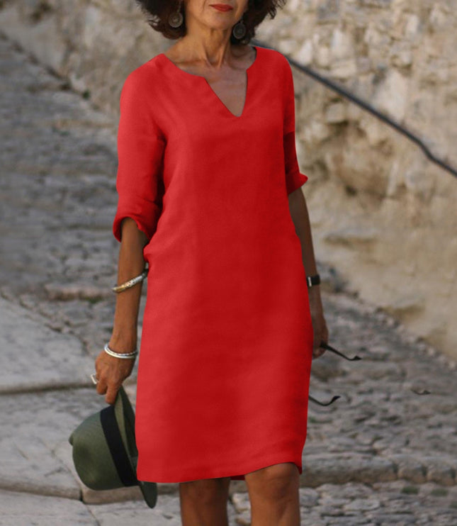 Women's Split V-Neck Linen-Look Shift Dress with Turn-Up Cuffs