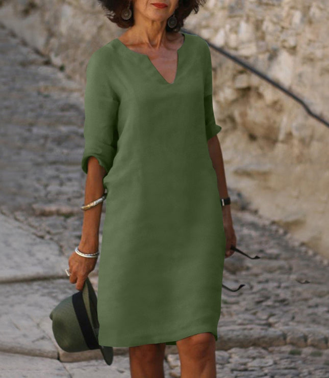 Women's Split V-Neck Linen-Look Shift Dress with Turn-Up Cuffs