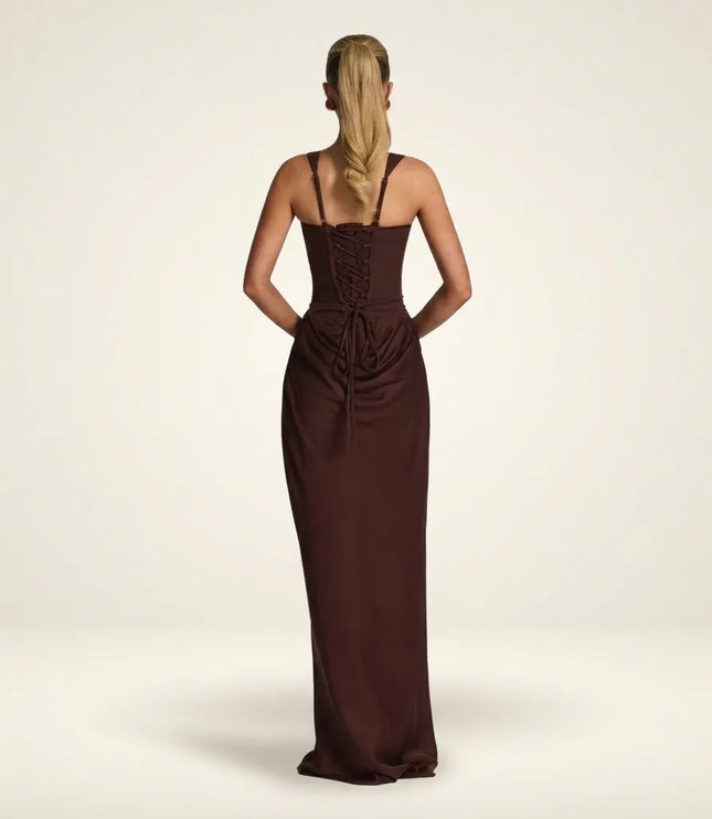Back view of brown maxi dress with lace-up corset back closure