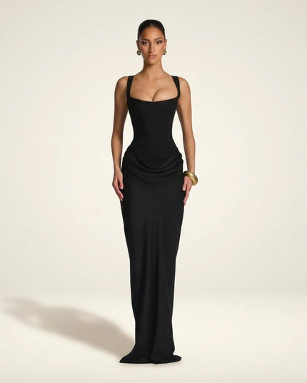 Black square neck sleeveless maxi dress with ruched waist detail