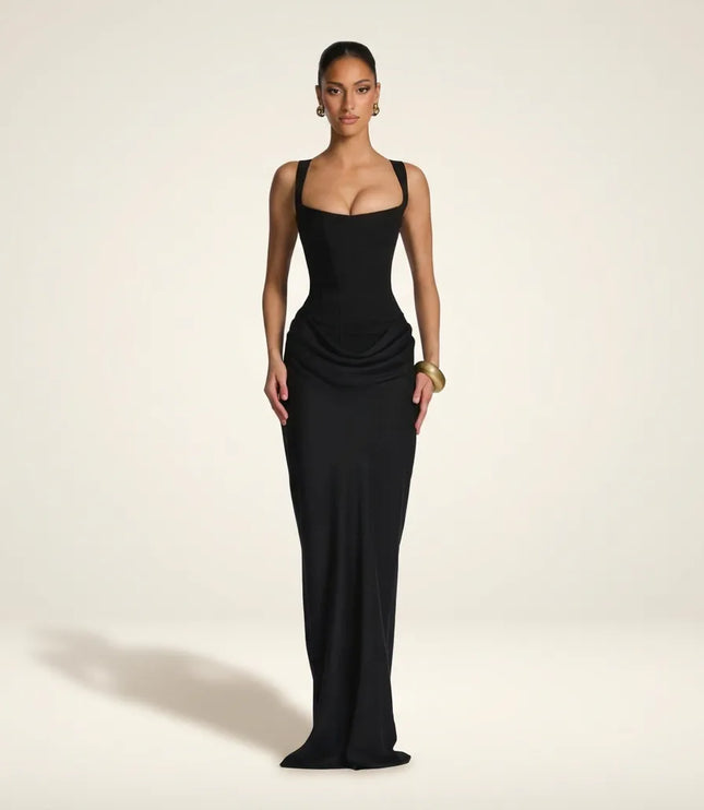 Black square neck sleeveless maxi dress with ruched waist detail