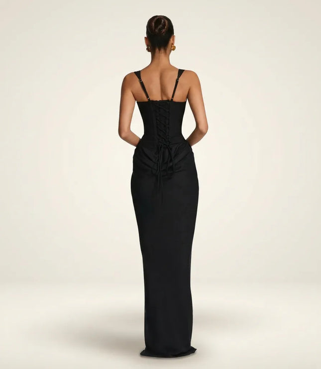 Back view of black maxi dress with lace-up corset back and thin straps