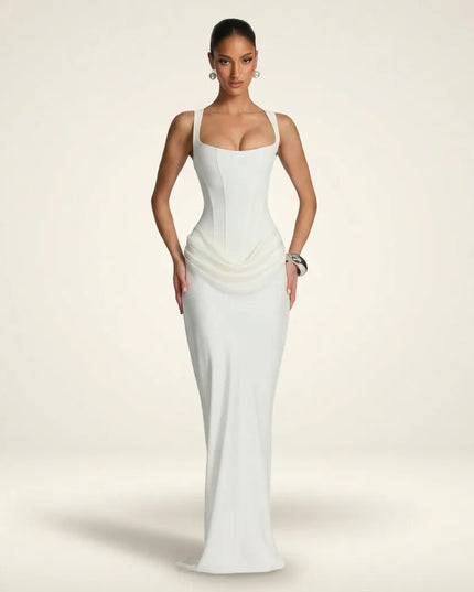 White square neck sleeveless maxi dress with draped bodice detail