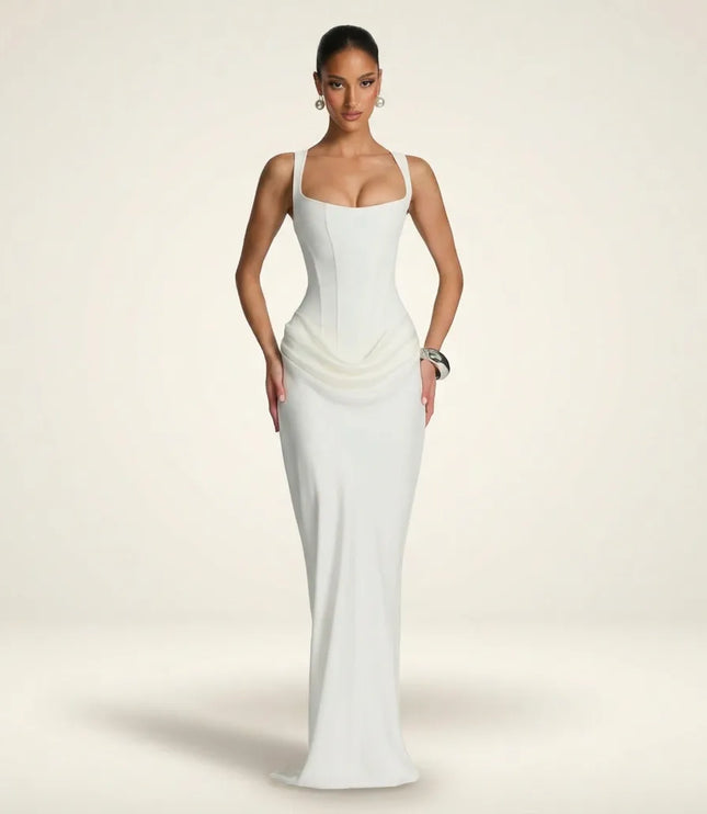White square neck sleeveless maxi dress with draped bodice detail