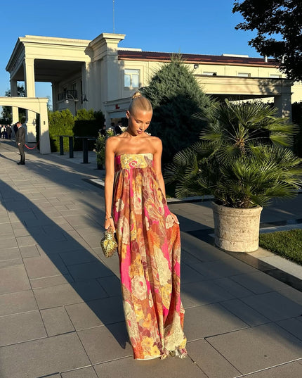 Women's Strapless Floral Maxi Dress with Smocked Bodice