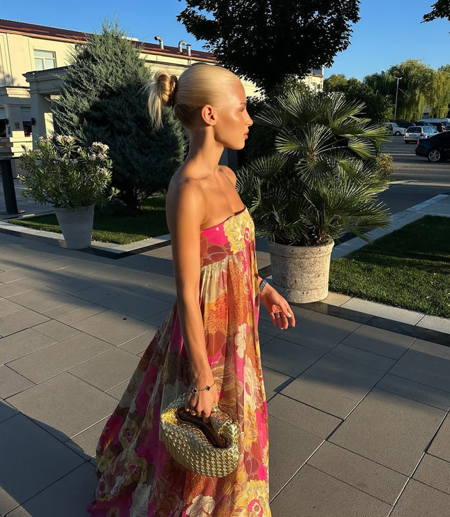 Women's Strapless Floral Maxi Dress with Smocked Bodice