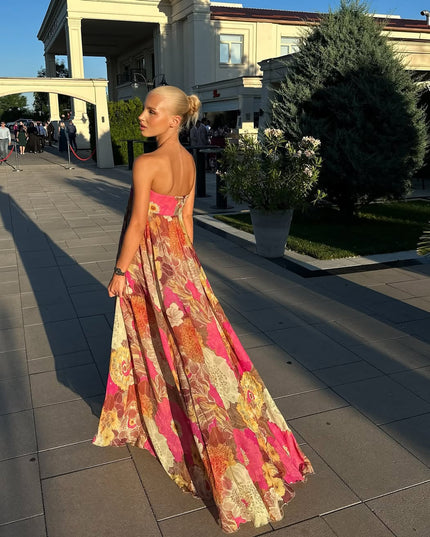 Women's Strapless Floral Maxi Dress with Smocked Bodice