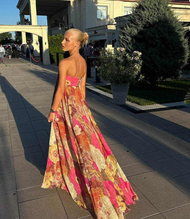 Women's Strapless Floral Maxi Dress with Smocked Bodice