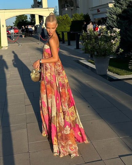 Women's Strapless Floral Maxi Dress with Smocked Bodice