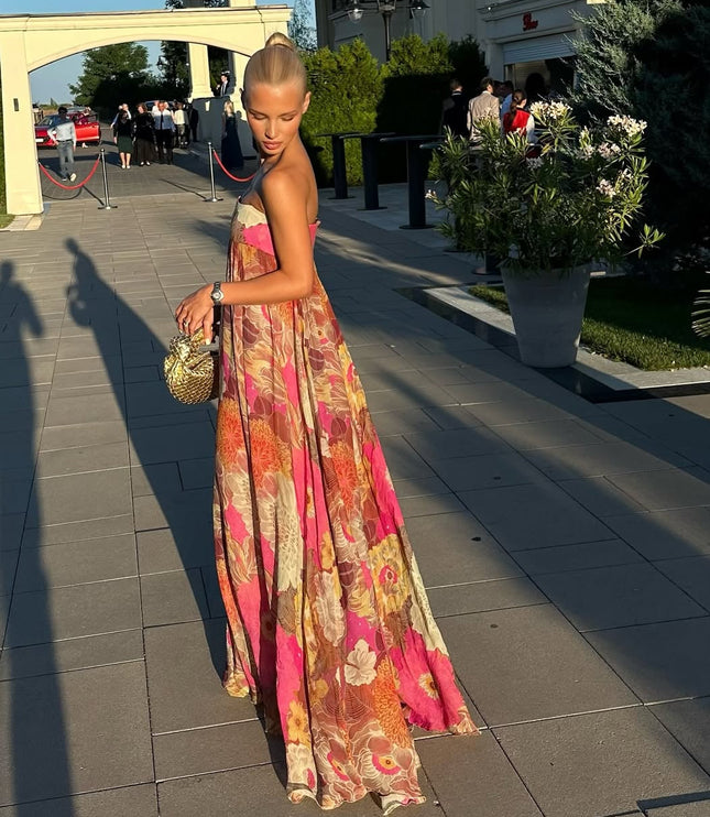 Women's Strapless Floral Maxi Dress with Smocked Bodice