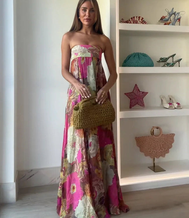 Women's Strapless Floral Maxi Dress with Smocked Bodice