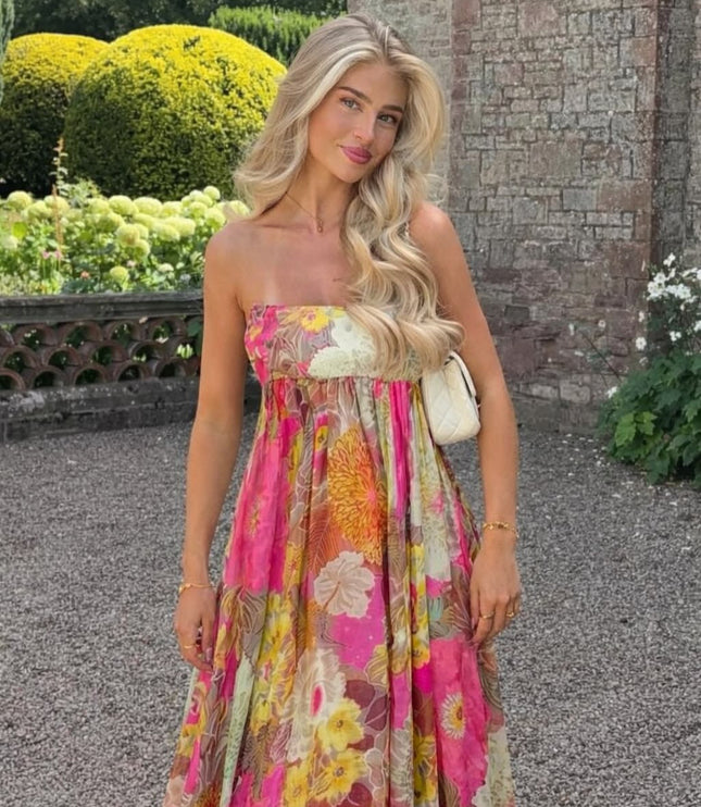 Women's Strapless Floral Maxi Dress with Smocked Bodice