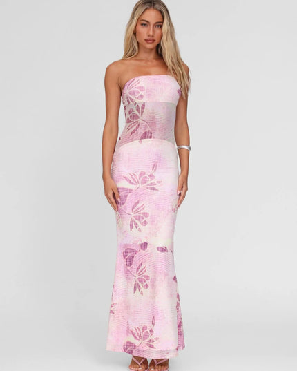 Women wedding guest strapless floral maxi dress in pink, full-length front studio view