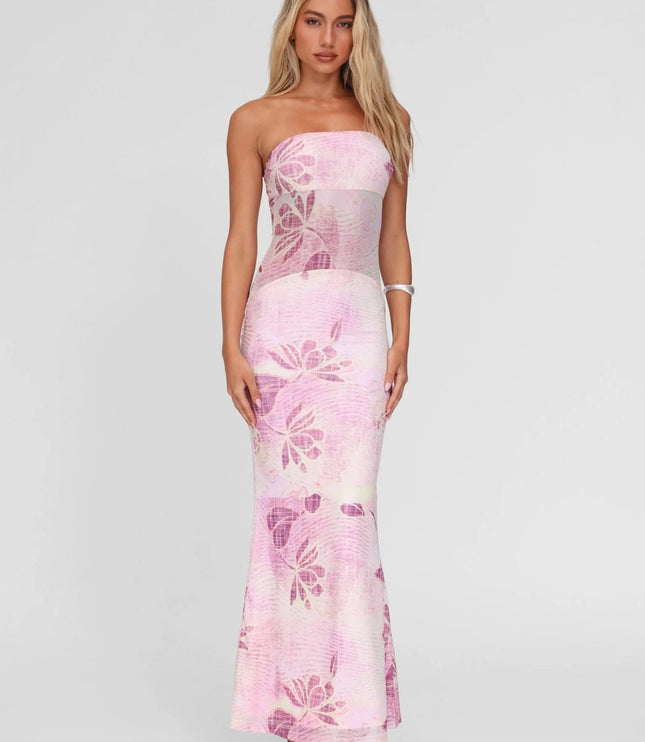 Women wedding guest strapless floral maxi dress in pink, full-length front studio view